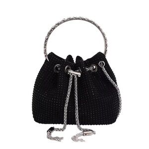 Black Beaded Mini Bucket Bag with Silver Ring Handle & Chain Strap – NWT